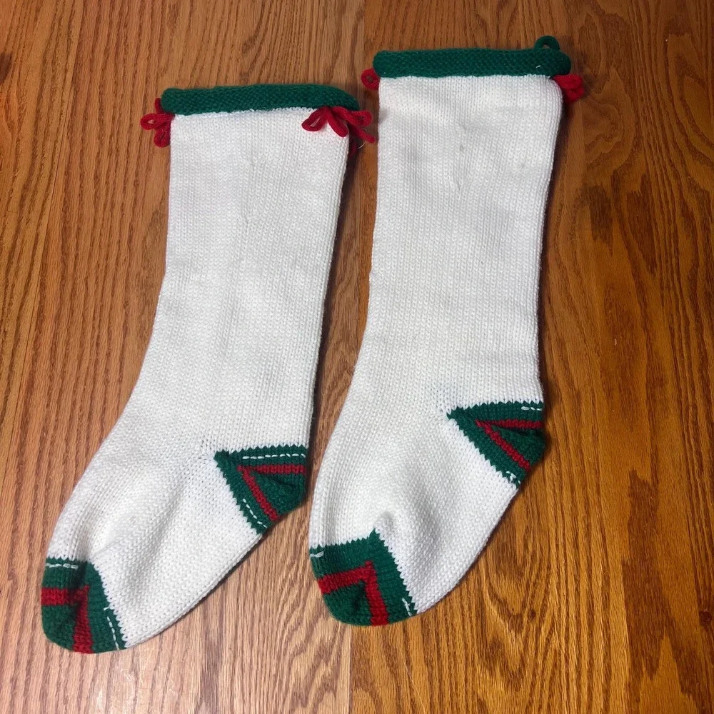 Vtg Hand Knit Christmas Stockings Set of 2 White Knit Holly Stockings Red holly